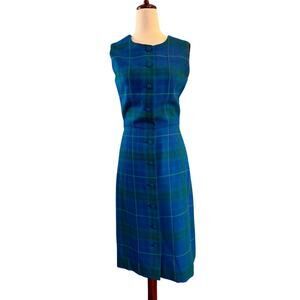 Aljean VTG 100% Virgin Wool Sleeveless Dress Jumper Blue Plaid Button Front XS S